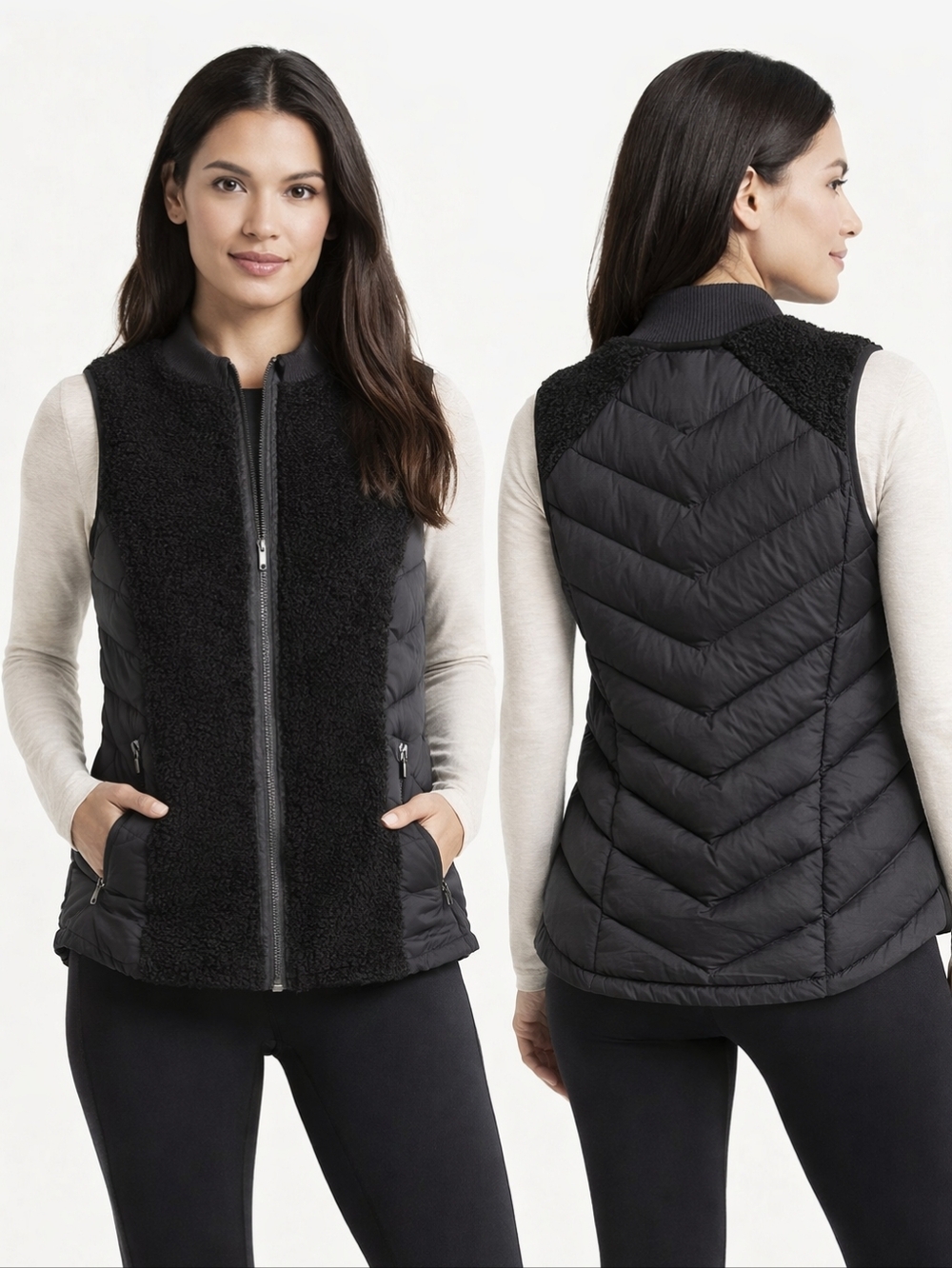 ATHLETA Quilted Down Vest Womens Medium Black Sherpa Athluxury Outdoor Gorpcore